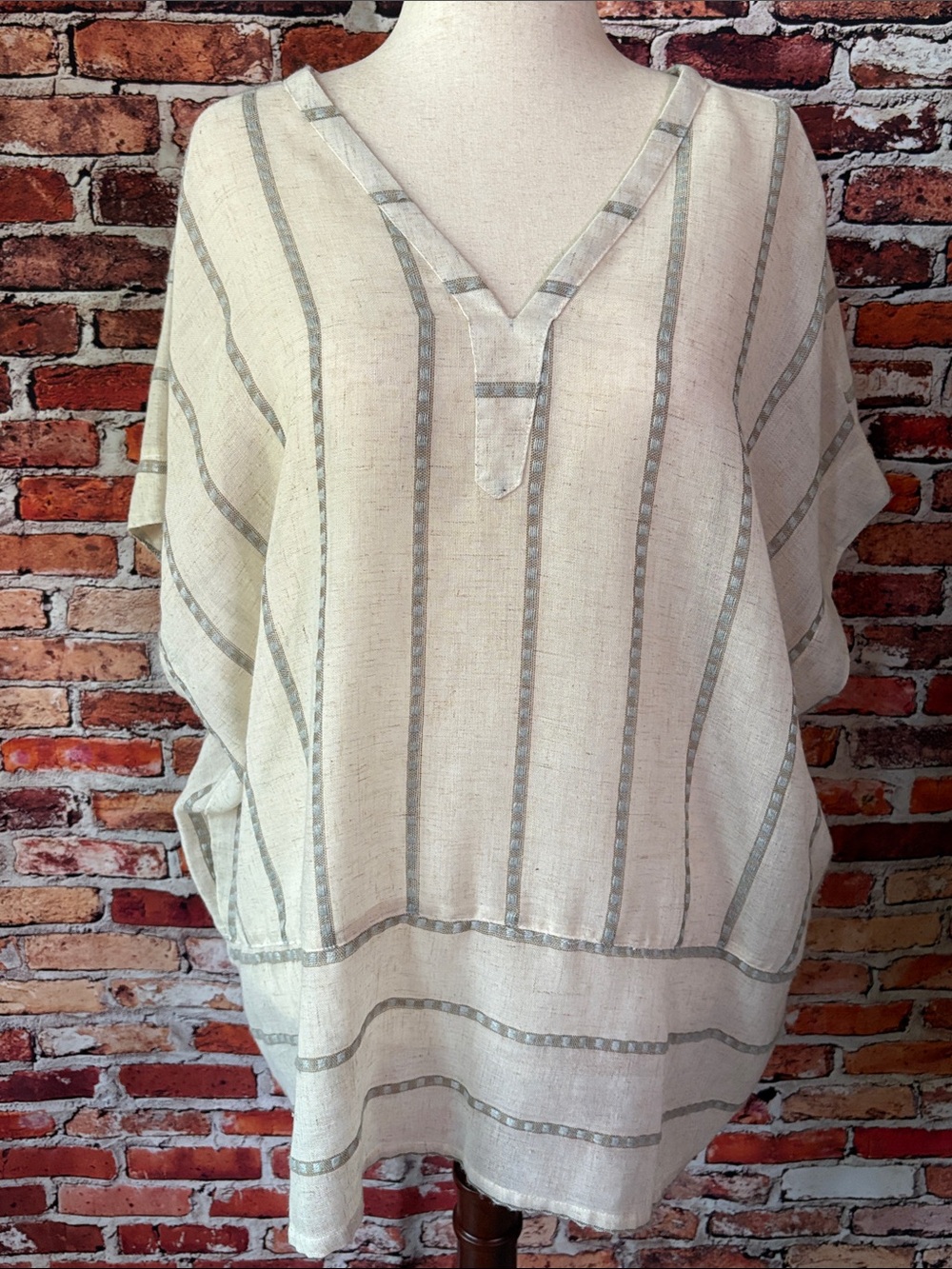 Mystree Cream & Gray Striped V-Neck Poncho Tunic 100% Linen one size S,M,L,XL